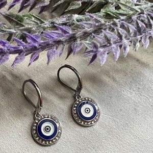 Evil Eye Silver Drop Hoop Earrings
